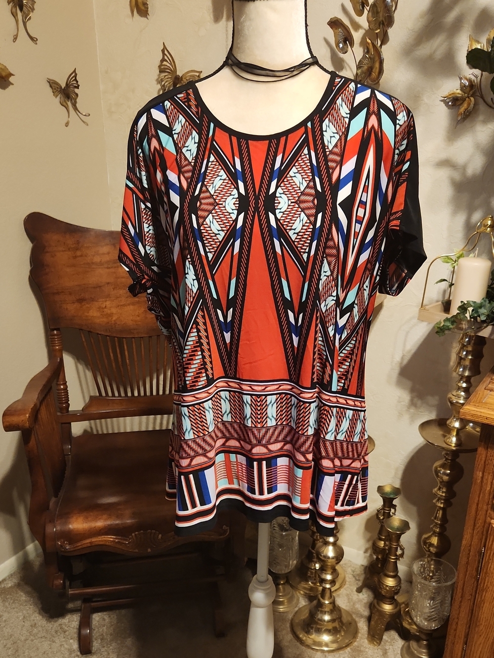 Cato Multicolor Geo-Print Short Sleeve Top - Red, Black, Blue, White